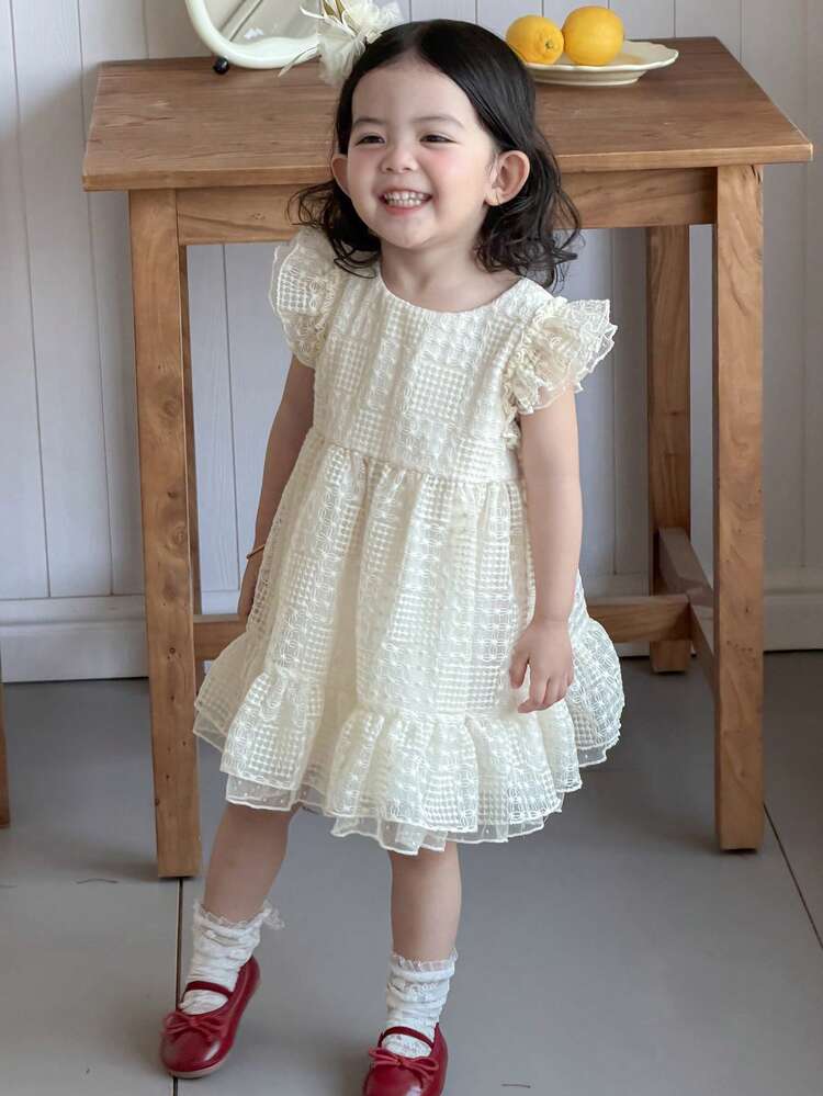 Baby Girl Heavy Lace Ruffle Trim Solid Color Party Birthday Dress