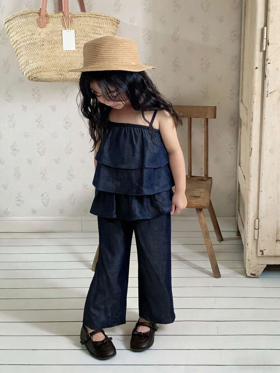 DAZY 2 st/set unga flickor mångsidig sommarlinne med topp och casualbyxor - Blå - Visa 1