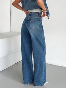 High Waist Washed Slant Pocket Casual Straight Jeans - Medium Wash - View 2