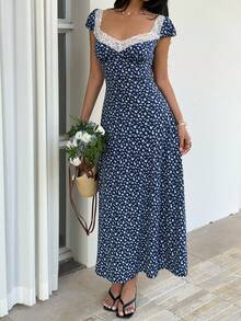 Sunnyshic 藏蓝色碎花白色蕾丝拼接泡泡袖A字长裙，优雅百搭，适合春夏度假、海滩、婚礼等场合，甜美浪漫的波西米亚风，休闲外出和日常穿着皆宜。 - 藏蓝色 - 查看 4