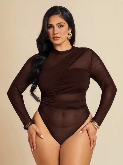 SHEIN BAE Body asimétrico de manga larga con cordones y transparencias para mujer de talla grande, adecuado para cóctel, cita romántica, capa base de otoño/invierno, fiesta, reunión formal, body de malla, 4 de julio para curvas, atuendos de vacaciones para mujer, atuendos de cumpleaños para mujer, atuendo de aeropuerto para mujer, vestido de invitada de boda para mujer, 4 de julio para mujer, ropa de verano para mujer, atuendos sexys de club para mujer, atuendos de festival rave, atuendos sexys de club para mujer, graduación