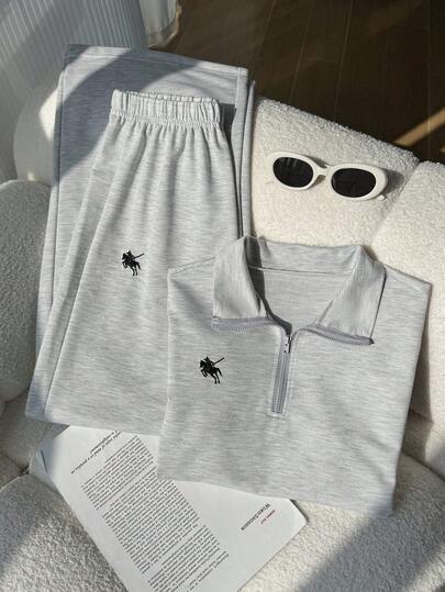 SHEIN 2pcs/Set Teenage Girls Casual Hoodie Set, Gray Contrast Collar Zip-Up Short Sleeve Cropped Sweatshirt Paired With Loose Fit Comfortable Pants, Front Embroidery Design, Suitable For Outdoor, Indoor, Sports, Party, School Wear, Spring/Summer/Autumn