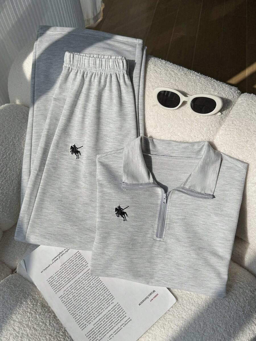 SHEIN 两件套少女休闲连帽衫套装，灰色撞色领拉链短袖露脐卫衣搭配宽松舒适长裤，正面刺绣设计，适合户外、室内、运动、聚会、上学等场合穿着，春夏秋季皆宜。