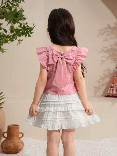 Elladie kids Young Girl Round Neck Casual Cute Everyday Wear Blouse With Bow Decor On Back And Flutter Sleeves Junior Girls Tops With Ruffles Young Girl Elegant Solid Color 3d Bow Ruffle Strap Casual Dress Suitable For Tea Party Outings Parties And Events In Spring Summer Cute Dresses For Bow Tops For Girls Girls Elegant Solid Color Bow Ruffle