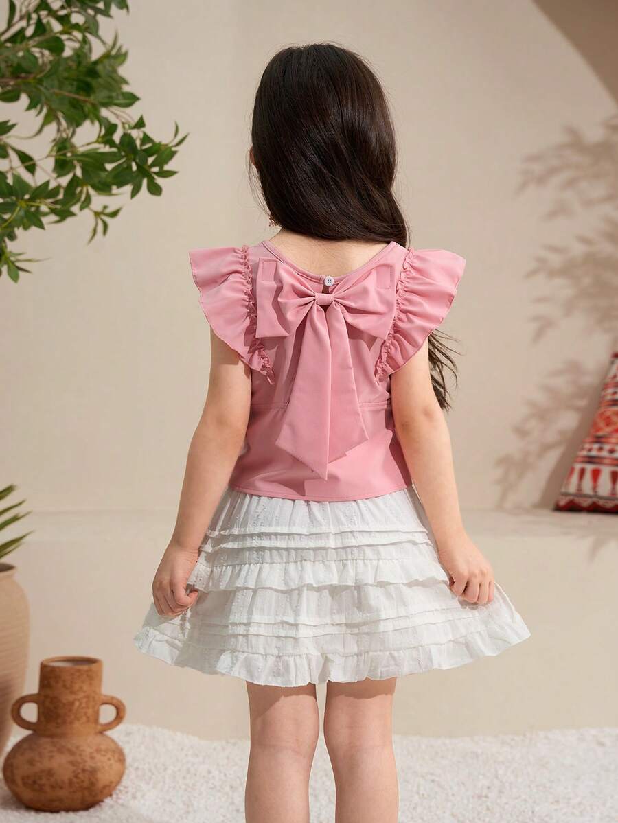 Elladie kids 少女圆领休闲可爱日常上衣,后背饰有蝴蝶结,荷叶袖 - 粉色 - 查看 1