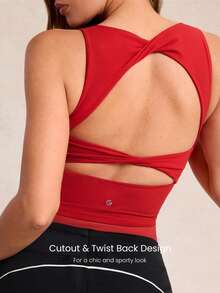 GLOWMODE FeatherFit™ Active Ambition Smörmjuk Fyrkantig Halsringning Vriden Öppen Rygg Avtagbara Kupor Crop Active Linne Låg Impact Yogastudio Dagligt Bruk - Röd - Visa 3