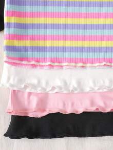 SHEIN Conjunto de 4 piezas de camiseta casual de manga corta con cuello redondo y ribete de volantes para niña preadolescente - Multicolor - Ver 5