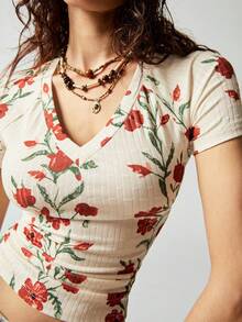 SoleilVie Áo len nữ mới, chất liệu co giãn, gân nổi, in họa tiết hoa màu mơ, kiểu dáng retro tay ngắn, cổ chữ V, chất vải mềm mại, thân thiện với da, phù hợp cho hoạt động ngoài trời, kỳ nghỉ, phong cách boho chic, áo thun ngắn tay thanh lịch, áo nữ thường ngày, áo nữ họa tiết hoa, áo nữ kiểu cao bồi, quần áo mùa hè cho nữ. - Nhiều màu - Xem 5