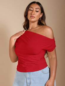 SHEIN BAE Plus Size Women's Solid Color Asymmetrical Neck Batwing Sleeve Casual T-Shirt, Summer - Red - View 5