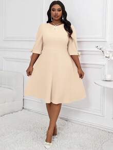 SHEIN Lady Váy cỡ lớn mùa xuân hè thu đông thanh lịch dự tiệc công sở cưới tiệc cocktail văn phòng màu kaki dệt kim cổ tròn tay phồng nơ dài đến đầu gối tay lửng cỡ lớn trang phục đi nghỉ mát váy dự tiệc mùa hè váy mùa xuân đi chơi bộ sưu tập quần áo thời trang váy thường ngày - Màu Khaki - Xem 4