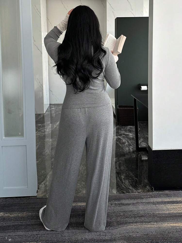 Dazy Plus Plus Size Women Contrast Color Splice Tight Half-Open Collar Top And Loose Long Pants Pajama Set, Spring/Autumn