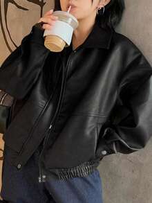 Dazy Plus 大码女式纯色PU皮翻领宽松机车夹克，秋冬款 - 黑色 - 查看 1