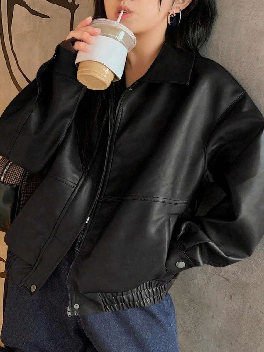 Dazy Plus 大码女式纯色PU皮翻领宽松机车夹克，秋冬款 - 黑色 - 查看 1