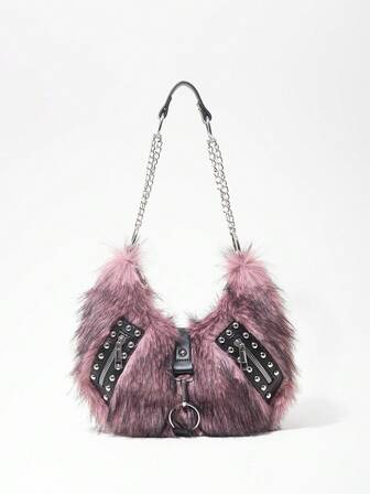 Grunge Punk Damen Umhängetasche, Hobo Tasche, Kunstfell, Plüsch, Nieten, modisch, personalisiert, vielseitig, Straße, süß und cool, Mädchen, Punk, Y2K, Alltag, Herbst und Winter (zufälliges Muster)