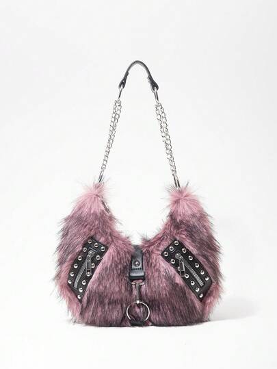 Grunge Punk Ladies, Women Shoulder Bag,Hobo Bag,Faux Fur,Fuzz,Plush Bag,Rivet,Fashionable,Personalized,Versatile,Street,Sweet And Cool Girls,Hot Girls,Punk,Y2k,Daily,Autumn And Winter(Random Pattern)