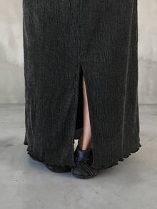 FRIFUL 女士纯色弹力腰开衩下摆休闲半身裙 - 灰色 - 查看 4
