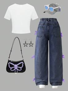 Sparklyn 2 件女童休闲蝴蝶结 T 恤和牛仔裤套装，适合日常穿着和通勤 - 彩色 - 查看 2