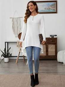 SHEIN LUNE Women's Solid Color Round Neck Long Sleeve Casual T-Shirt With Asymmetrical Hem White Tops For Women Long Tops Women Long Blouses For Women Long Sleeve White Top Long Shirts For Women - White - View 4