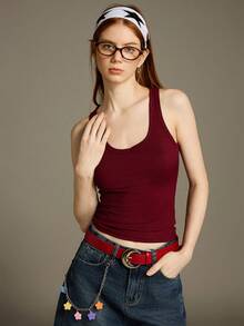 Elnivra 女士纯色性感针织健身背心，修身款 - 酒紅色 - 查看 5