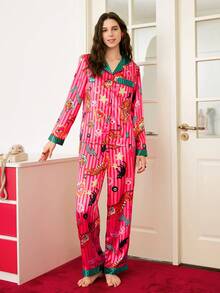 Chillnights Valentine's Day Young Fashion Tiger, Black Cat, Bow, Heart & Striped Collar Open Cardigan Women Pajama Set - Multicolor - View 4