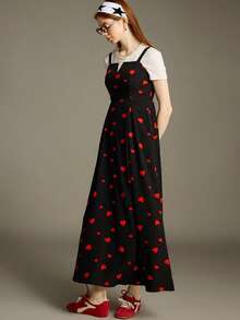 Elnivra Đầm dài nữ bản rộng, dây đeo vai, in hình trái tim, thích hợp cho ngày Valentine, kỳ nghỉ, hẹn hò, thanh lịch và dễ thương, cổ chữ V, eo chữ A, kiểu dáng đơn giản, thường ngày, mẫu mới năm 2025. - màu đen - Xem 4