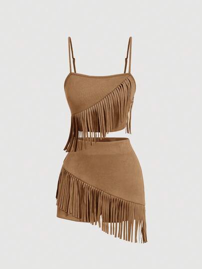 SHEIN MOD Women's Brown Suede Fringe 2 Pieces Outfit, Music Festival Outfit, Western Outfit Tan Two Piece Set Brown Two Piece Set Women