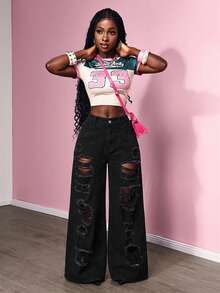 Slaydiva Damen Jeans in Große Größen mit Destroyed-Effekt - Schwarz - Übersicht 6