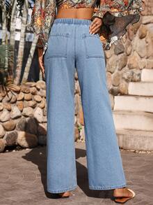 Breezaya Women's Elastic Waist Embroidered Pocket Wide Leg Loose Casual Jeans - Light Wash - View 2