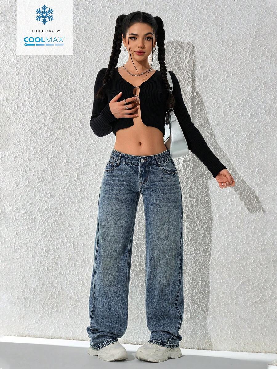 SHEIN ICON 女士纯色斜插口袋休闲百搭直筒牛仔裤 - 中等水洗藍 - 查看 1