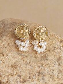 Opalesca 1 Đôi bông tai tua rua ngọc trai giả hình học bất đối xứng độc đáo, thiết kế chùm nho, bông tai thời trang thanh lịch - Vàng - Xem 3