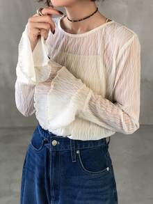 FRIFUL Sheer Textured Mesh Fabric Round Neck Long Sleeve Layered Flare Cuff Casual Versatile Blouse