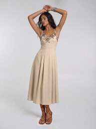 Travachic Vestido casual de mujer con pliegues bordados para vacaciones