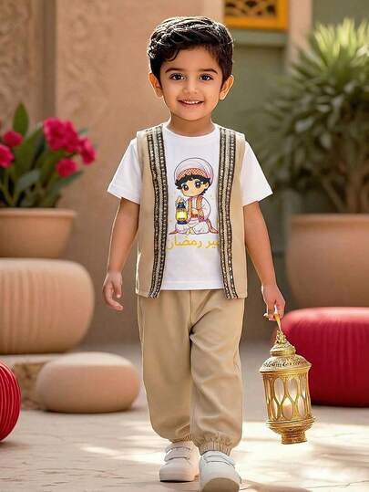 3 Pieces Of Young Boy Casual Ribbon Spliced Vest&Cute Boy Cartoon Printed T-Shirt And Pants Set, Suitable For Vacation, Travel, Family Gatherings, Back To School And Other Occasions. Summer Wear For Kids Party Wear For Kids Boy Summer Pants And T-Shirt Set For Boys Chata Pant Set For Boys Boys Pant T-Shirt Set