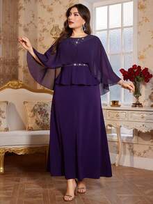 Reflora Curvy Plus Size Women's Elegant Purple Summer Formal Wedding Dress,Chiffon Batwing Sleeves Rhinestone Fake Two-Piece Prom Ball Gown,Luxury - Purple - View 4