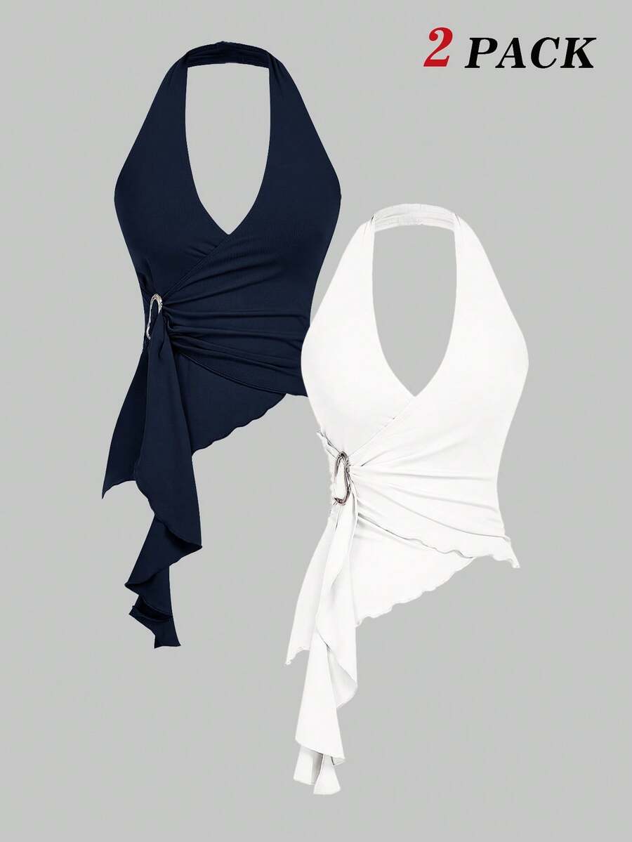 SHEIN MOD 2件套休闲吊带露背金属扣修身不对称下摆吊带衫 - 藏蓝色 - 查看 1