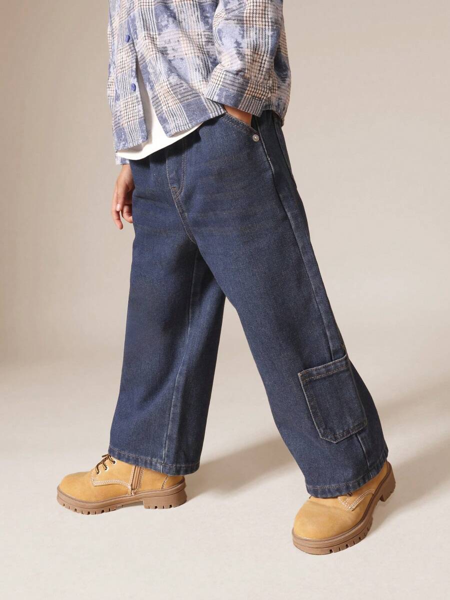 SUMWON Boys Indigo Carpenter Pull On Wide Leg Jeans With Multiple Pockets And Hammer Loop Detail Casual Vacation - Dark Wash - View 1