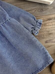 SHEIN LMoss Kids Baby Girls' Blue Denim Lapel Long Sleeve Loose Dress - Light Wash - View 6