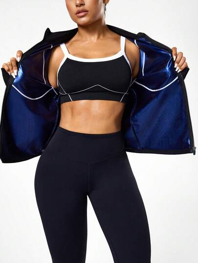 Seamluxe SHEIN Sport 黑色无缝运动套装，长袖立领，柔软舒适，适合健身、跑步、休闲、瑜伽等场合。