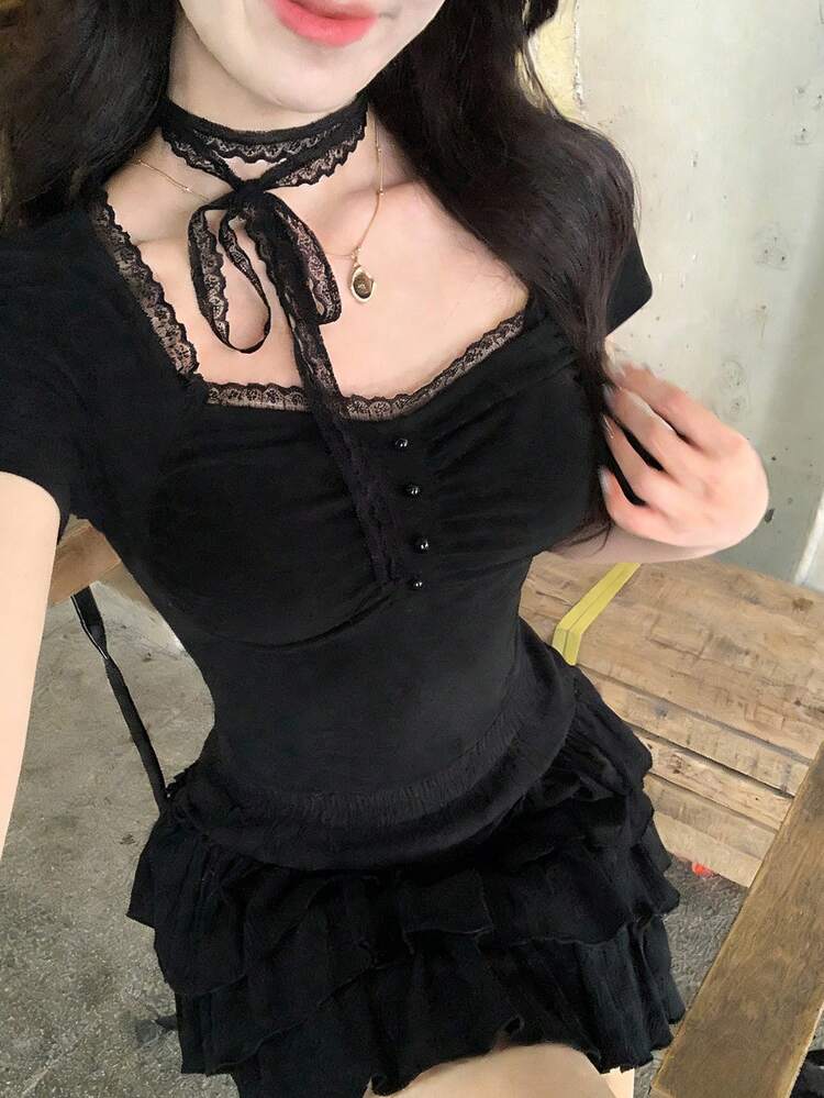 Women's Elegant Lace-Up Long Sleeve T-Shirt, Spring/Autumn