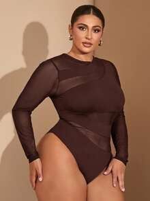 SHEIN BAE 1pc Plus Size Women's Black Crew Neck Sexy Sheer Hollow-Out Mesh Contrast Asymmetrical Bodysuit, Autumn/Winter,Valentine's Day,Valentine Outfits For Women - Coffee Brown - View 4