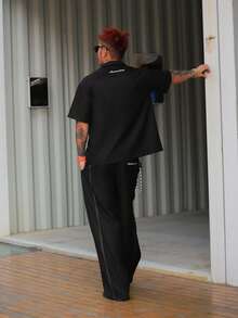 DAZY Men's Letter Embroidered Black Short Sleeve Shirt With Jacket Set, Spring/Summer - Black - View 2