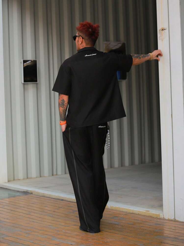 Men's Letter Embroidered Black Short Sleeve Shirt With Jacket Set, Spring/Summer