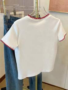 Resyla Camiseta casual de mujer con cuello redondo y bordado de lazo - Blanco - Ver 2