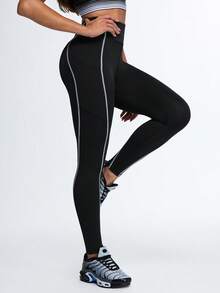 Eassivo Eassivo 女士休闲运动紧身裤，撞色缝线，收腹设计 - 黑色 - 查看 4