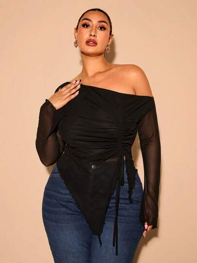 SHEIN BAE Plus Size Women Mesh Bow Blouse, Elegant Summer Holiday Party, Suitable For Valentine's Day, Birthday Fall
