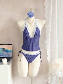 Swim Mod Women's Beach Music Polka Dot Lace Trim Tie Front Tankini Swimsuit Set, Cute Style For Spring/Summer