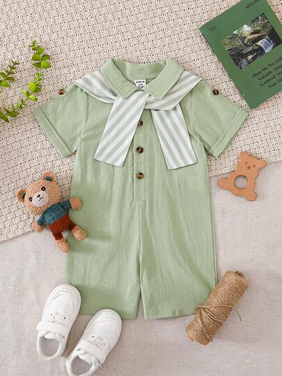 1pc Baby Boys Toddler Gentleman Preppy Style Green Striped Sailor Collar Faux Tie Short Sleeve Button Down Soft Romper Jumpsuit Bodysuit Shorts One Piece Summer Outfits Clothes Wedding Birthday Party Vacation Gift Spring To Summer Essentials Summer Romper For Baby Boy Baby Boy Collar Romper Green Baby Boy Jumpsuit