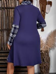 EMERY ROSE Women's Plus Size Knitted Fabric Christmas Plaid Long Sleeve Mini Dress Mod Style For Winter - Blue - View 2
