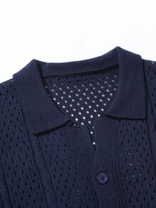 Manfinity Homme Áo thun nam tay ngắn màu trơn, cài cúc phía trước, kiểu dáng thường ngày, đa năng. - Màu xanh hải quân - Xem 3