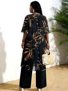 Maweii 大码女式新款宽松优雅休闲长衬衫，春夏度假新款休闲弹力腰长裤 - 黑色 - 查看 2